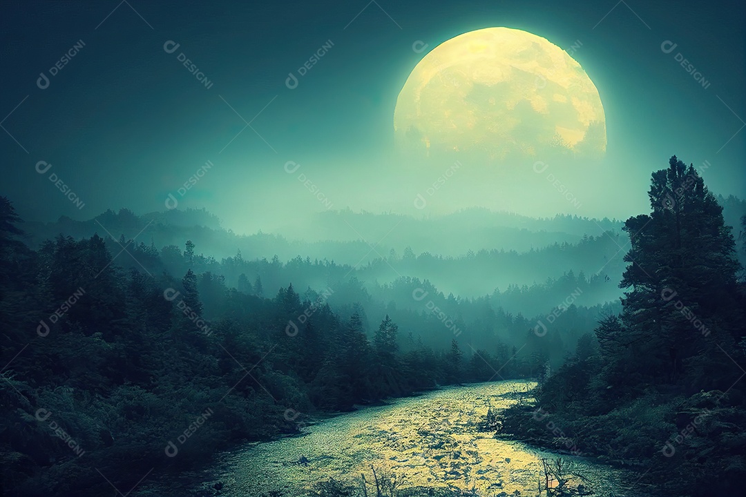 Escuro e dramático, sombrio enevoado e aterrorizante paisagem misteriosa da floresta.