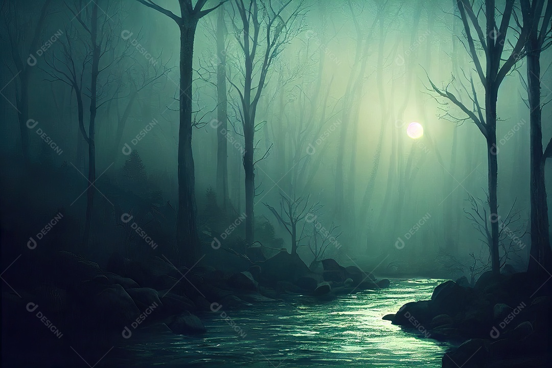 Escuro e dramático, sombrio enevoado e aterrorizante paisagem misteriosa da floresta.