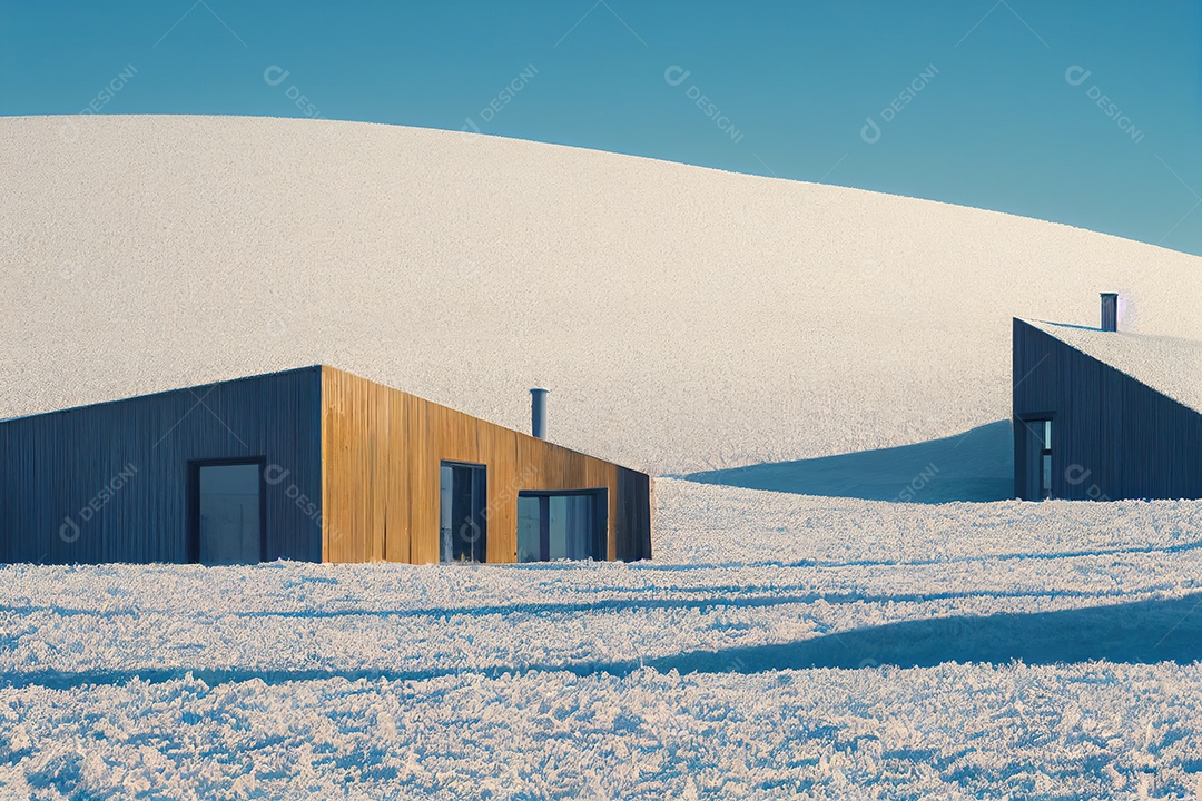 Paisagem de uma moderna casa de madeira isolada na neve em montanhas de gelo.