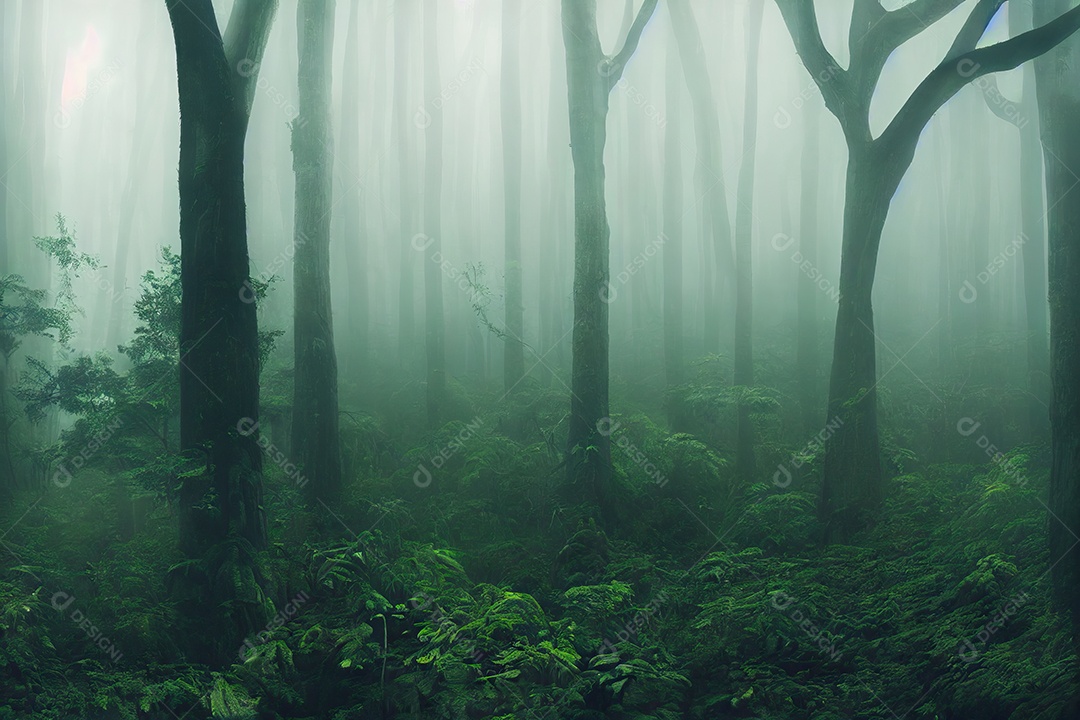 Escuro e dramático, sombrio enevoado e aterrorizante paisagem misteriosa da floresta.