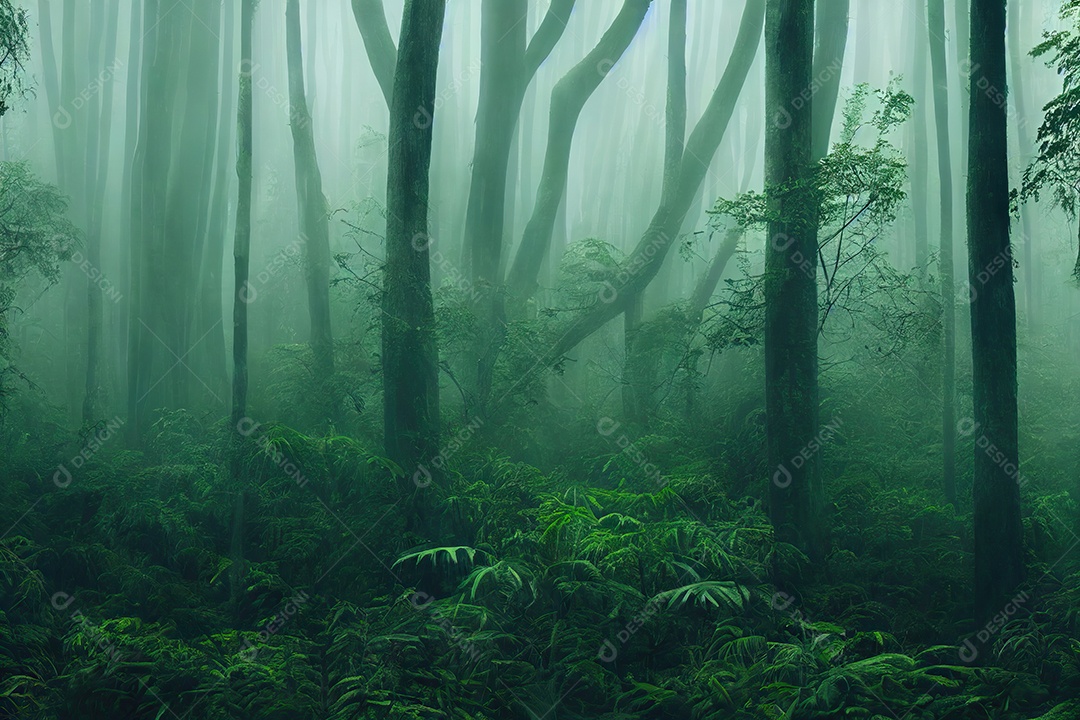 Escuro e dramático, sombrio enevoado e aterrorizante paisagem misteriosa da floresta.