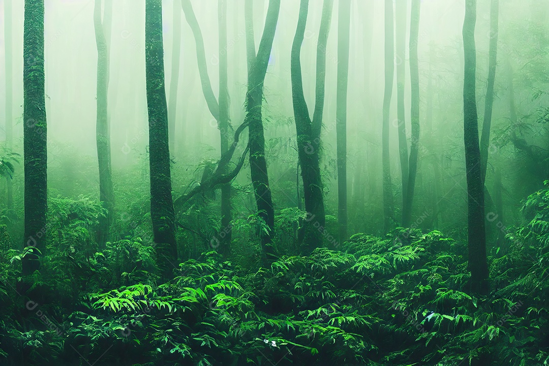 Escuro e dramático, sombrio enevoado e aterrorizante paisagem misteriosa da floresta.