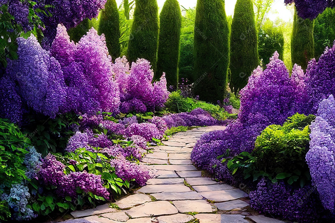 Um belo jardim secreto de conto de fadas com arcos de flores e vegetação colorida.