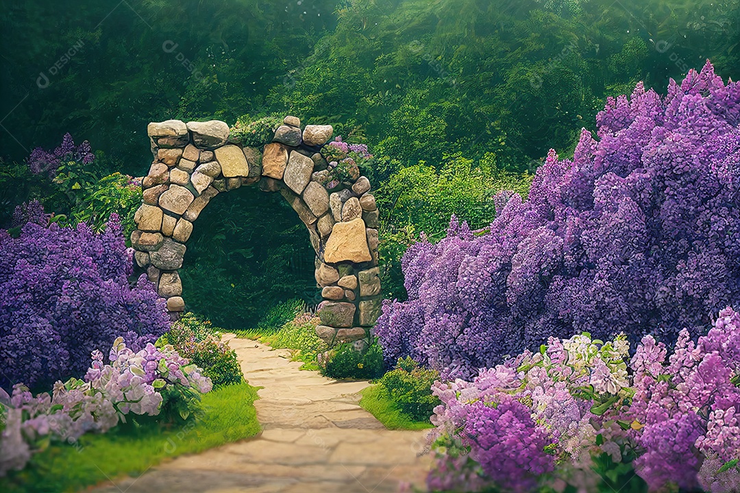 Um belo jardim secreto de conto de fadas com arcos de flores e vegetação colorida.