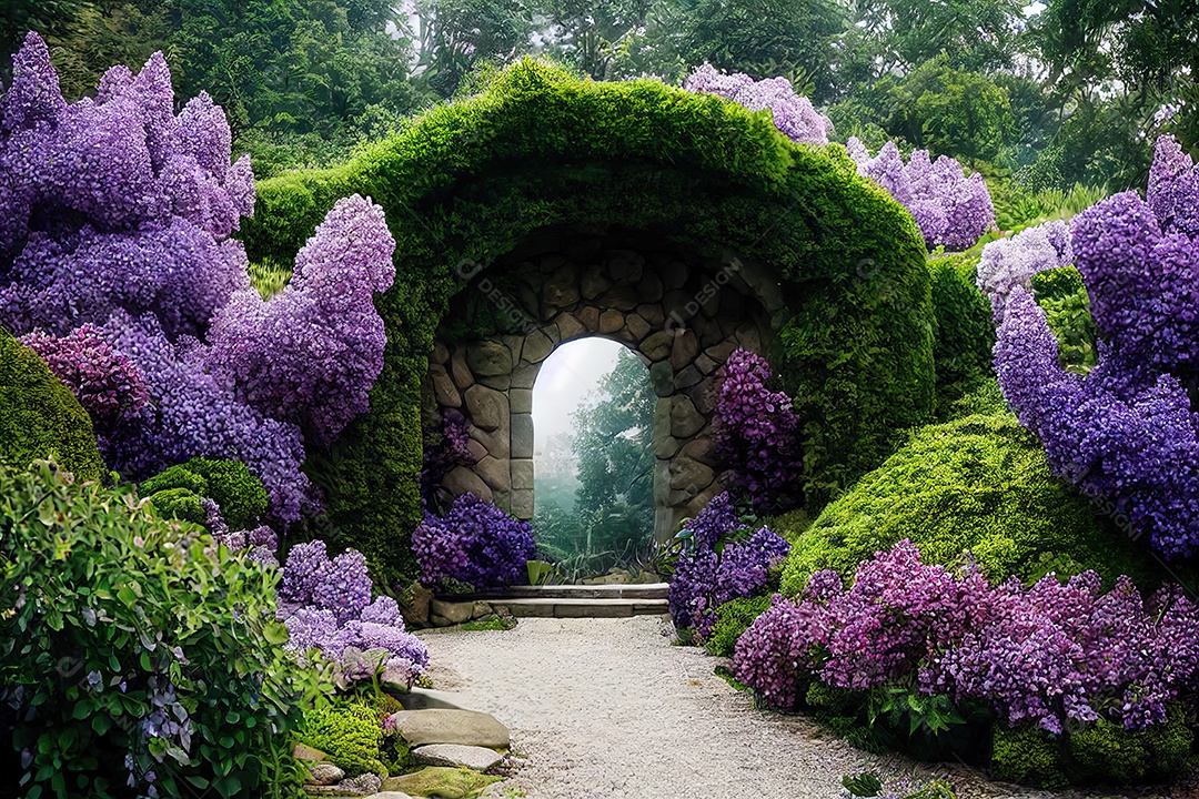 Um belo jardim secreto de conto de fadas com arcos de flores e vegetação colorida.