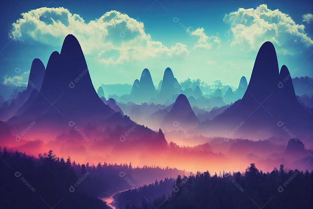 Uma bela paisagem de um planeta desconhecido com uma atmosfera vermelha muito quente e crateras vulcânicas.