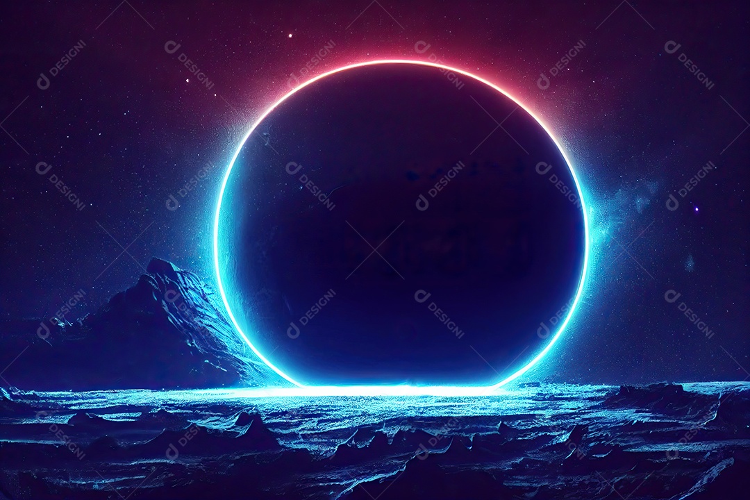 Uma bela paisagem de um planeta desconhecido com uma atmosfera vermelha muito quente e crateras vulcânicas.