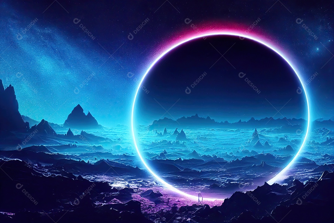 Uma bela paisagem de um planeta desconhecido com uma atmosfera vermelha muito quente e crateras vulcânicas.