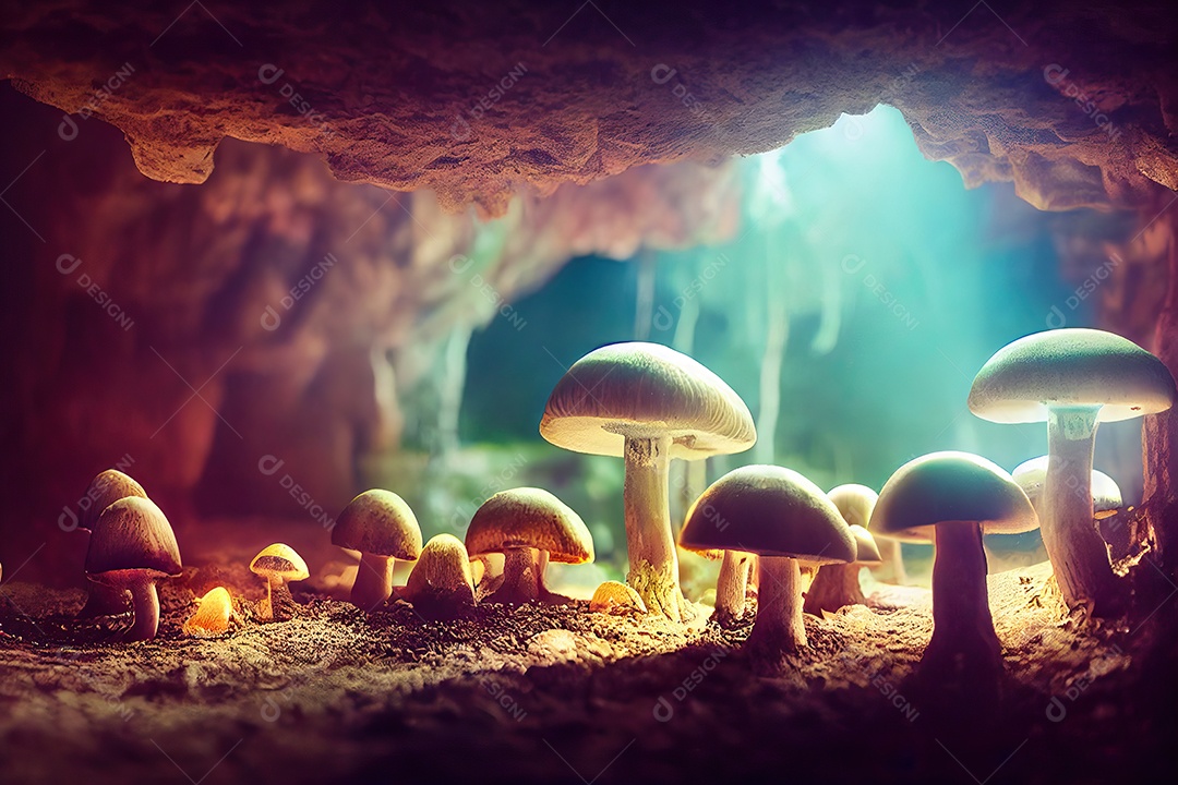 Papel de parede com pequenos cogumelos de fantasia na floresta, fundo de selva e magia.