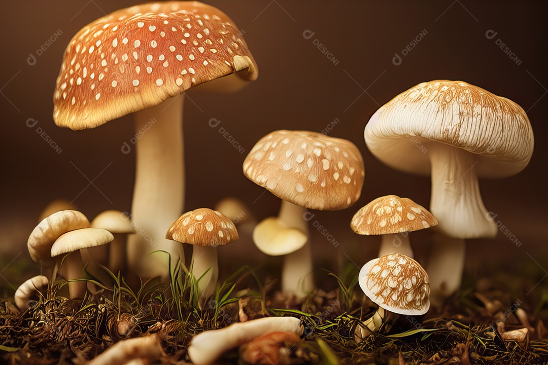 Papel de parede com pequenos cogumelos de fantasia na floresta, fundo de selva e magia.