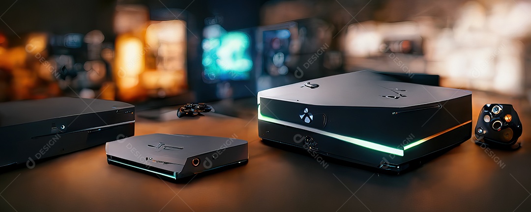 Conceito de jogo futurista de videogame multijogador doméstico e controlador sem fio em fundo desfocado. foco seletivo