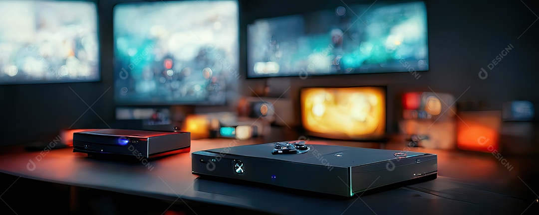 Conceito de jogo futurista de videogame multijogador doméstico e controlador sem fio em fundo desfocado. foco seletivo