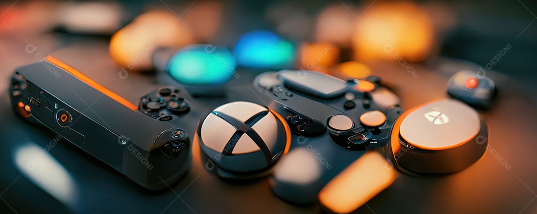 Conceito de jogo futurista de videogame multijogador doméstico e controlador sem fio em fundo desfocado. foco seletivo