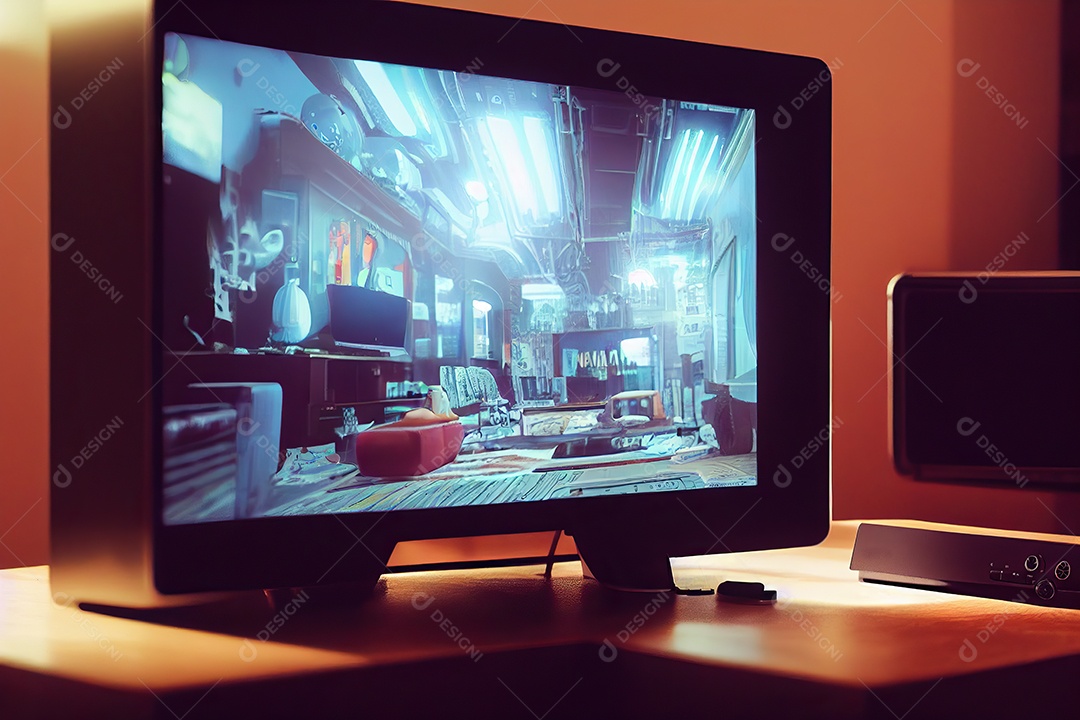 Conceito de videogame vintage multijogador doméstico com monitor colorido em fundo desfocado.