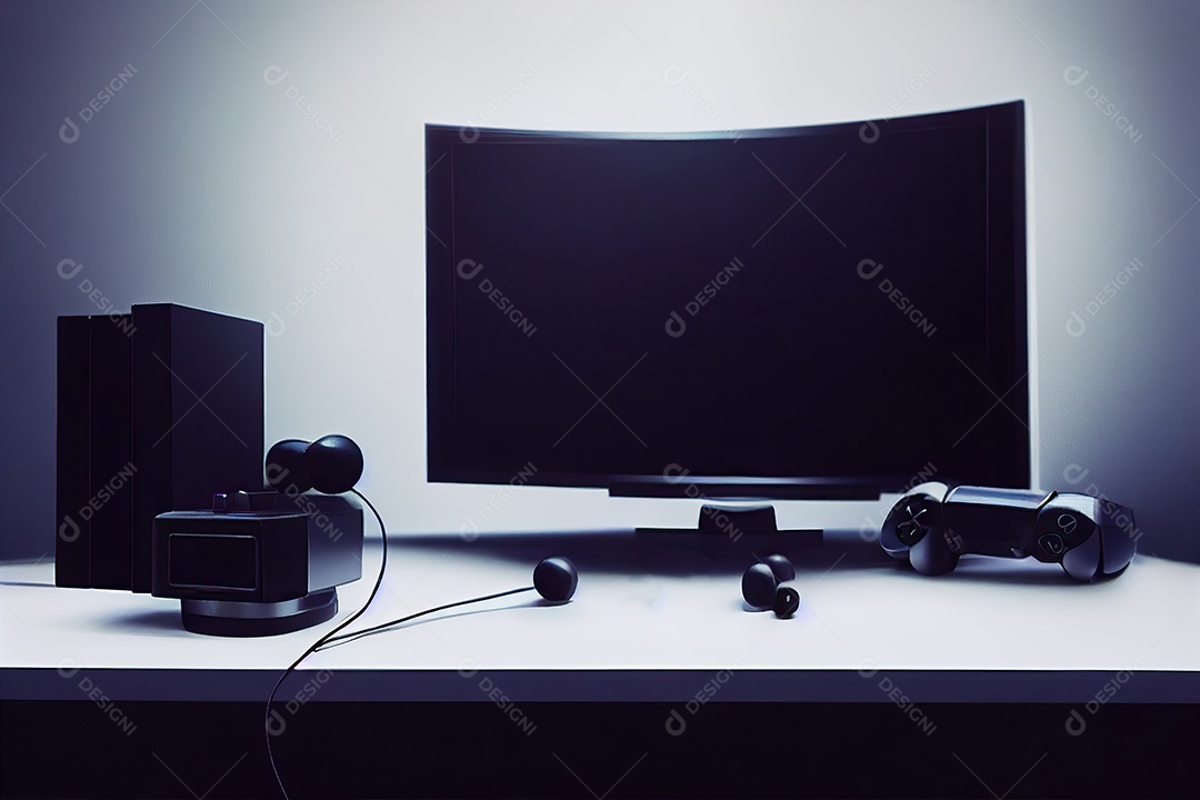 Conceito de videogame vintage multijogador doméstico com monitor colorido em fundo desfocado.