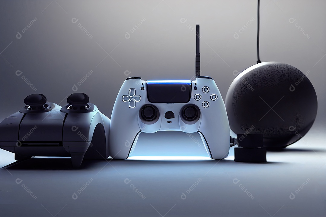 Futuristic gaming concept of home multiplayer video game and wireless controller on blurred background. selective focus