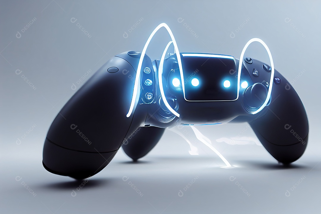 Conceito de jogo futurista de videogame multijogador doméstico e controlador sem fio em fundo desfocado. foco seletivo