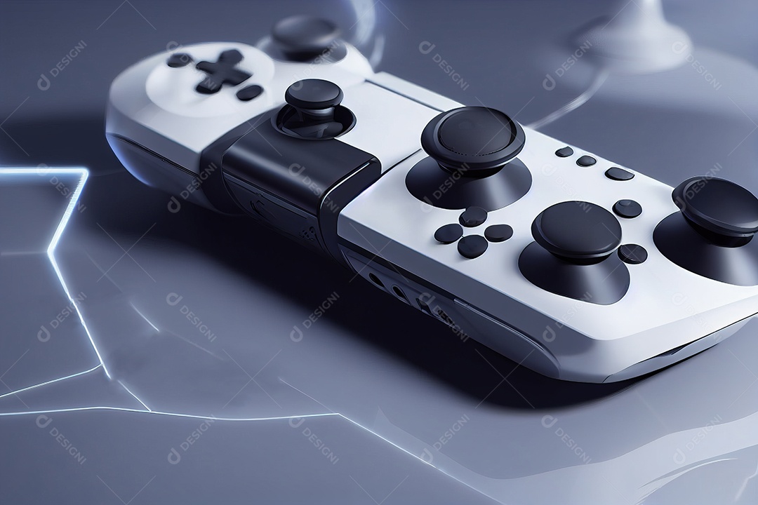 Conceito de jogo futurista de videogame multijogador doméstico e controlador sem fio em fundo desfocado. foco seletivo