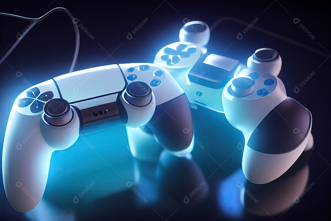 Futuristic gaming concept of home multiplayer video game and wireless controller on blurred background. selective focus