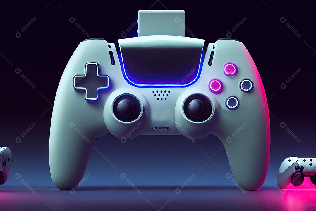 Conceito de jogo futurista de videogame multijogador doméstico e controlador sem fio em fundo desfocado. foco seletivo