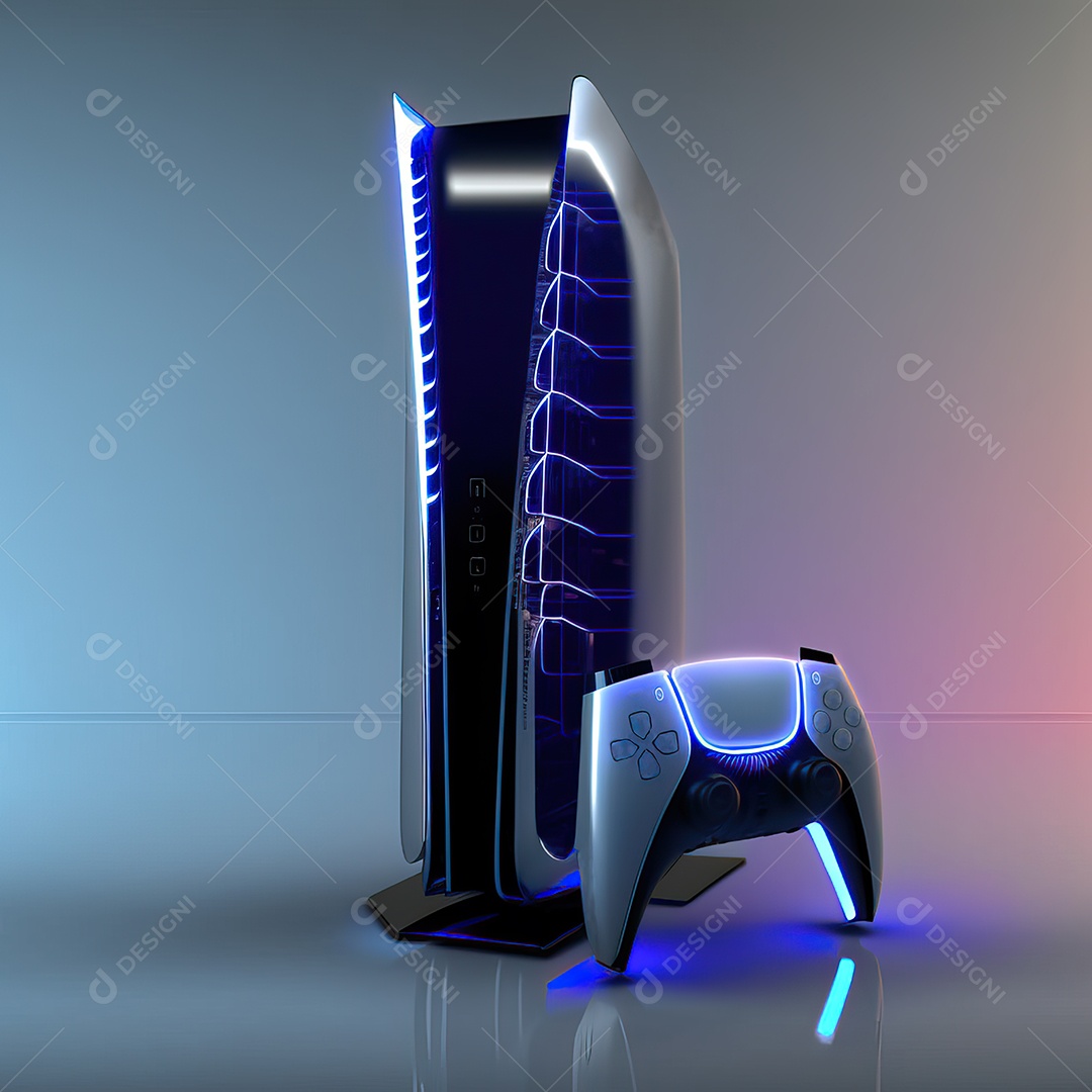 Conceito de jogo futurista de novo console de videogame doméstico e controlador sem fio isolado em fundo multicolorido.