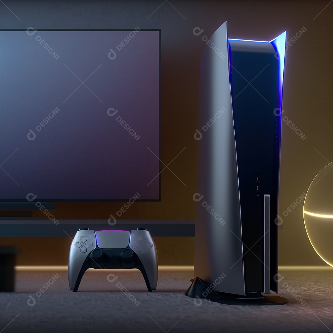 Conceito de jogo futurista de novo console de videogame doméstico e controlador sem fio isolado em fundo multicolorido.