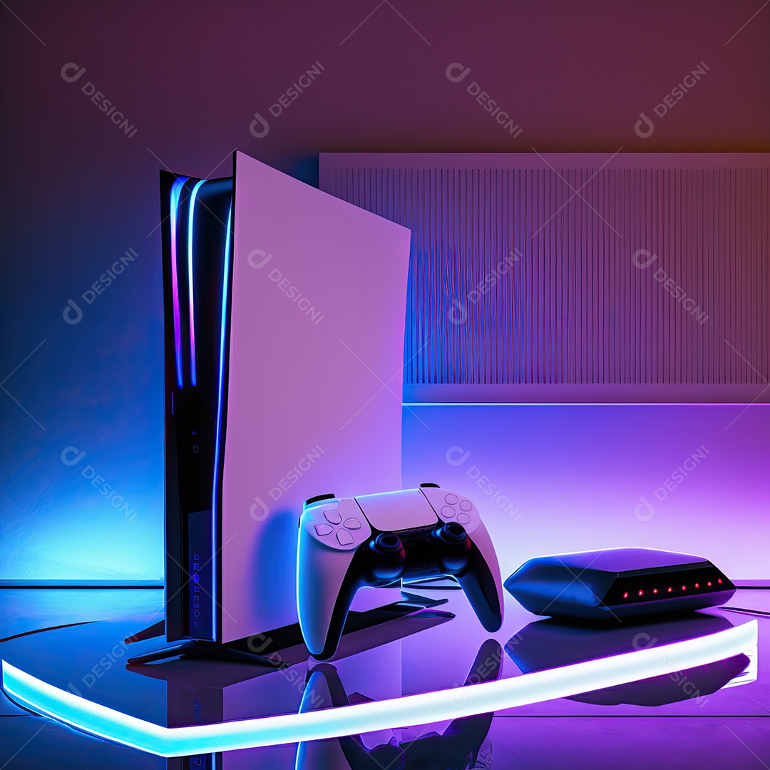 Conceito de jogo futurista de novo console de videogame doméstico e controlador sem fio isolado em fundo multicolorido.