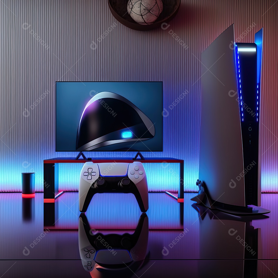 Conceito de jogo futurista de novo console de videogame doméstico e controlador sem fio isolado em fundo multicolorido.