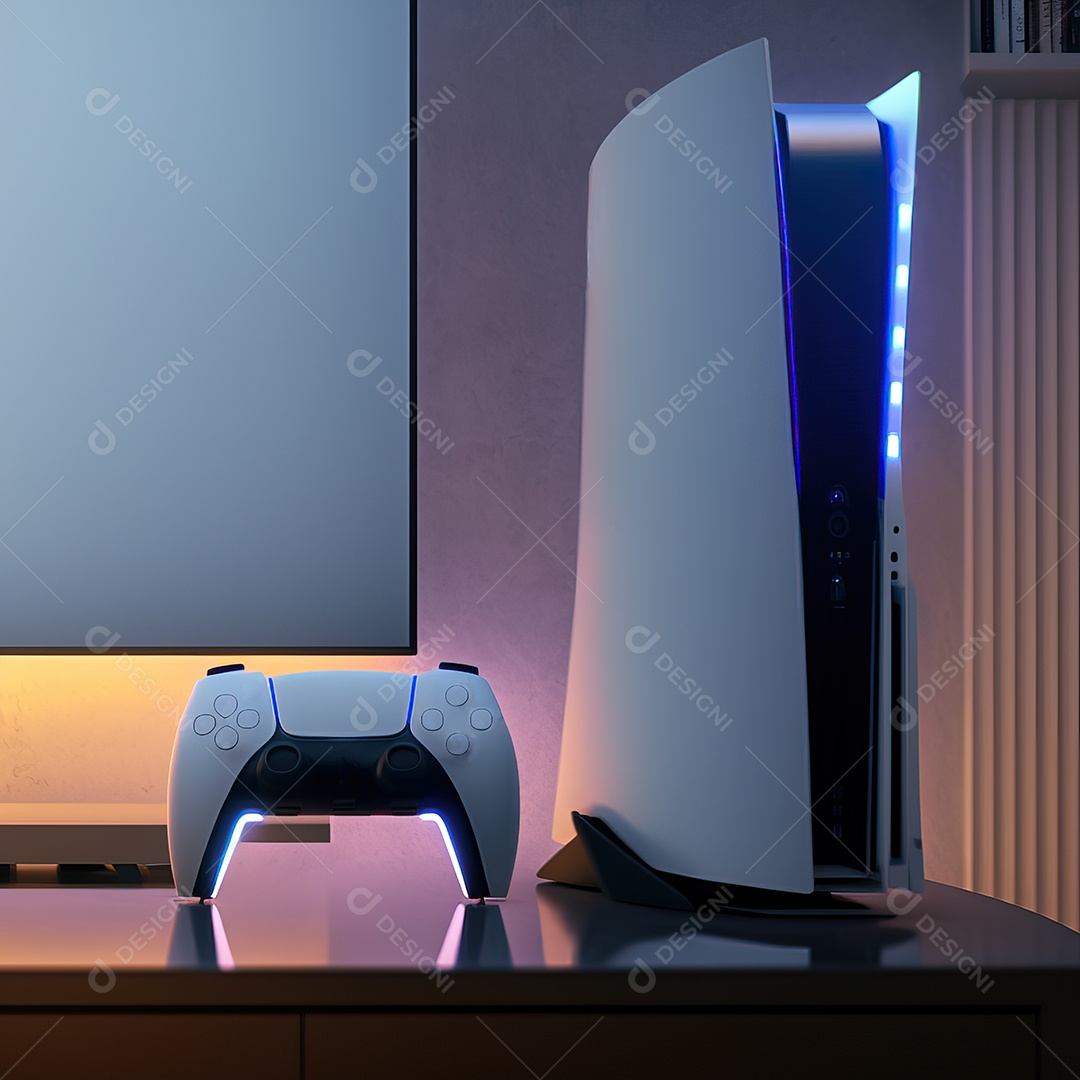 Conceito de jogo futurista de novo console de videogame doméstico e controlador sem fio isolado em fundo multicolorido.