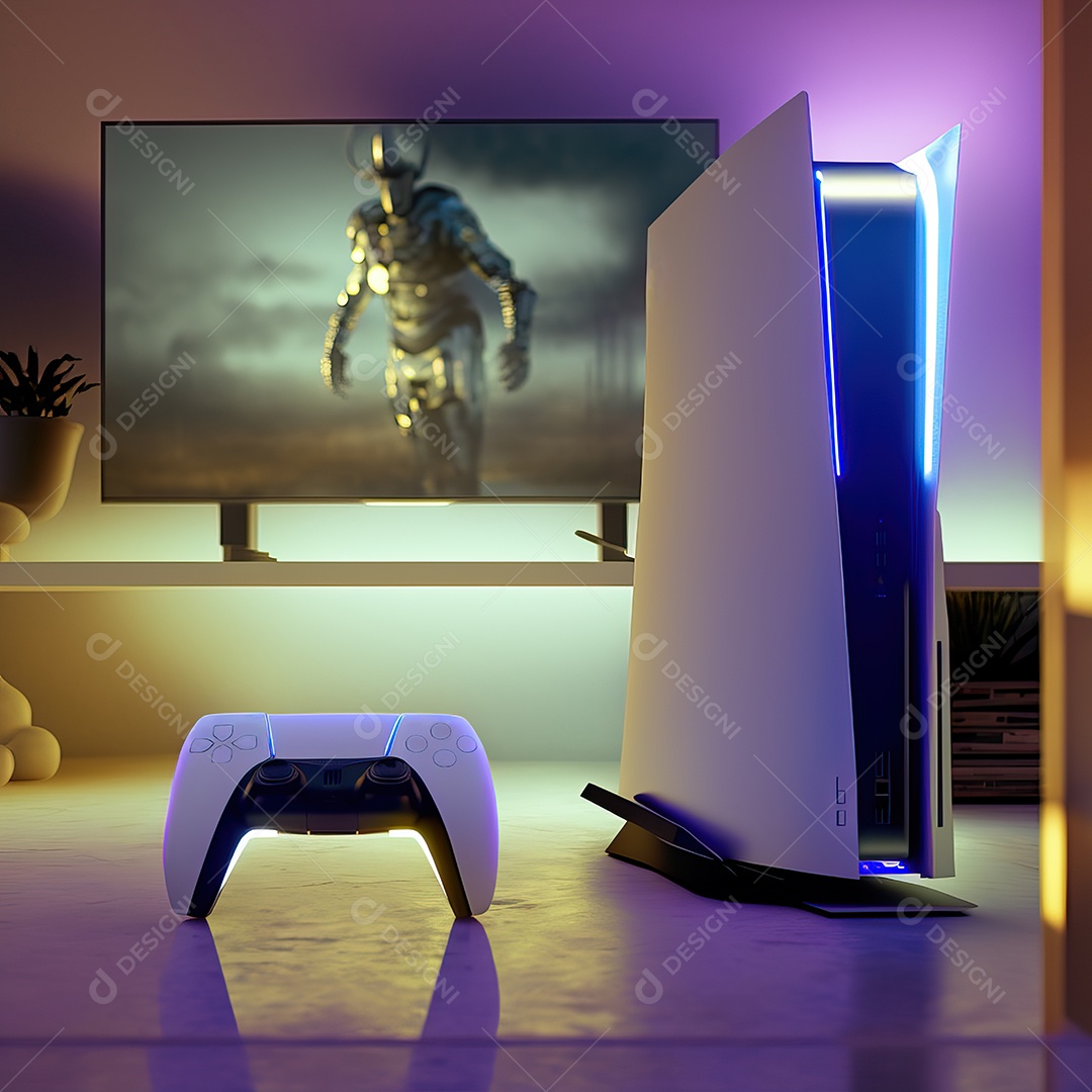 Conceito de jogo futurista de novo console de videogame doméstico e controlador sem fio isolado em fundo multicolorido.