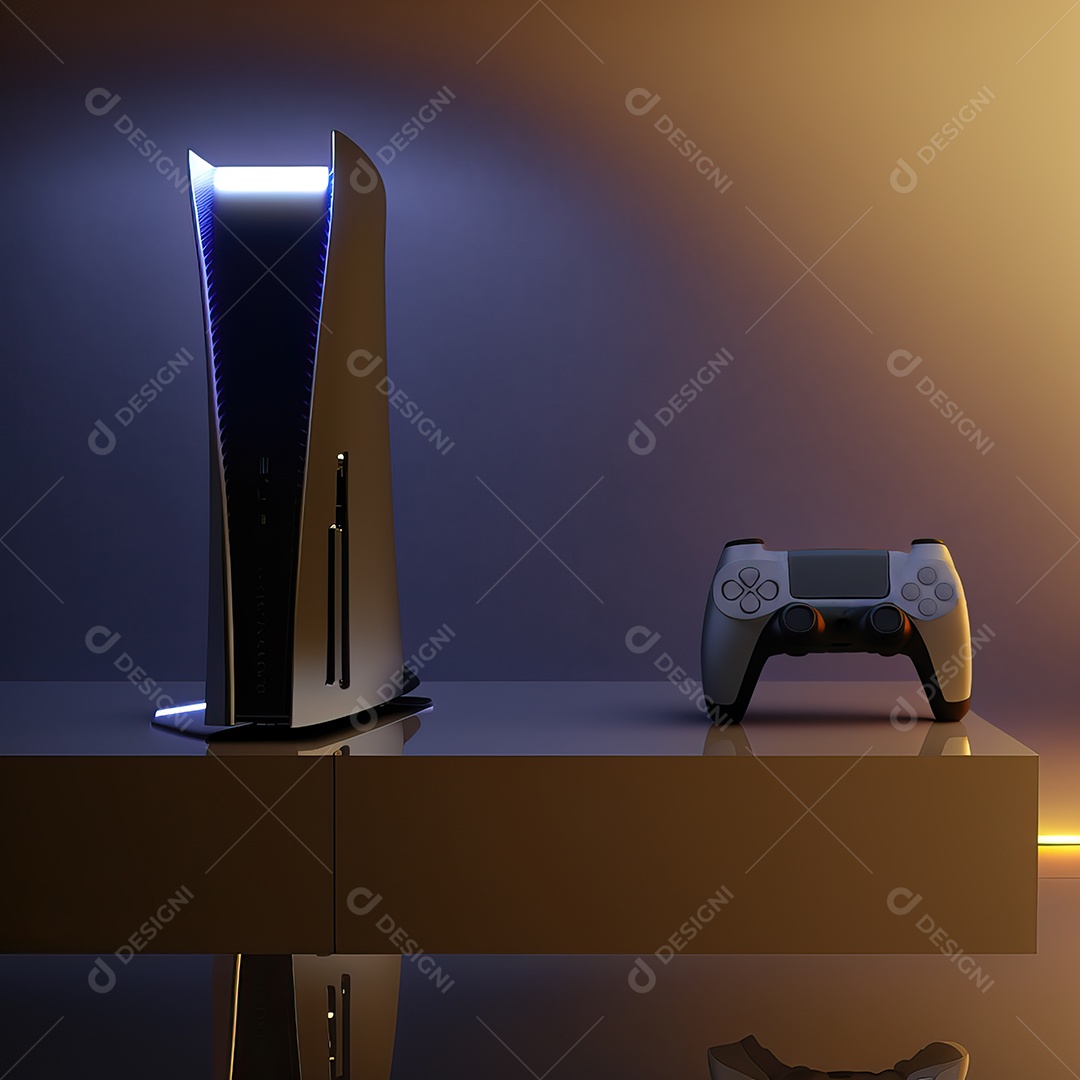 Conceito de jogo futurista de novo console de videogame doméstico e controlador sem fio isolado em fundo multicolorido.