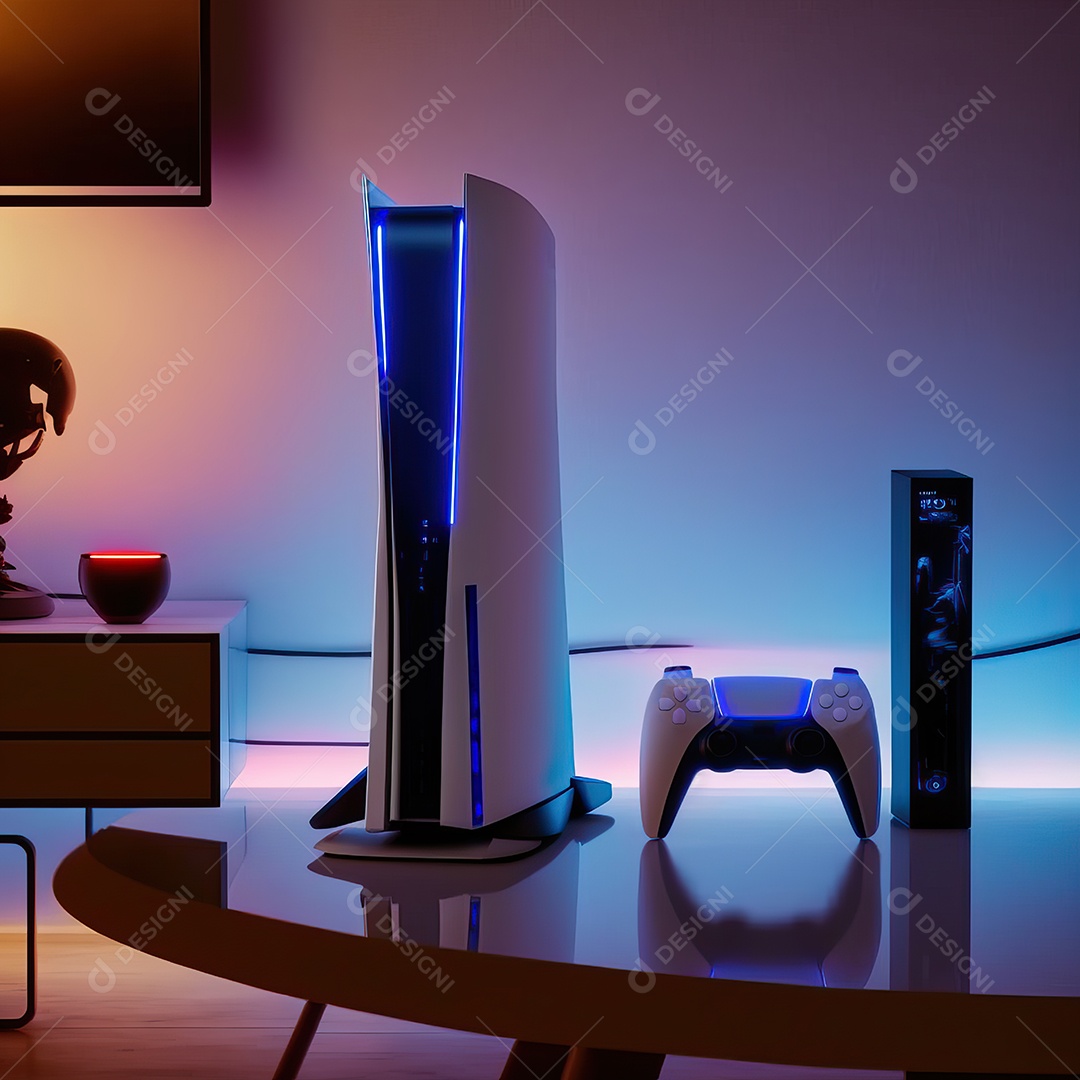 Conceito de jogo futurista de novo console de videogame doméstico e controlador sem fio isolado em fundo multicolorido.