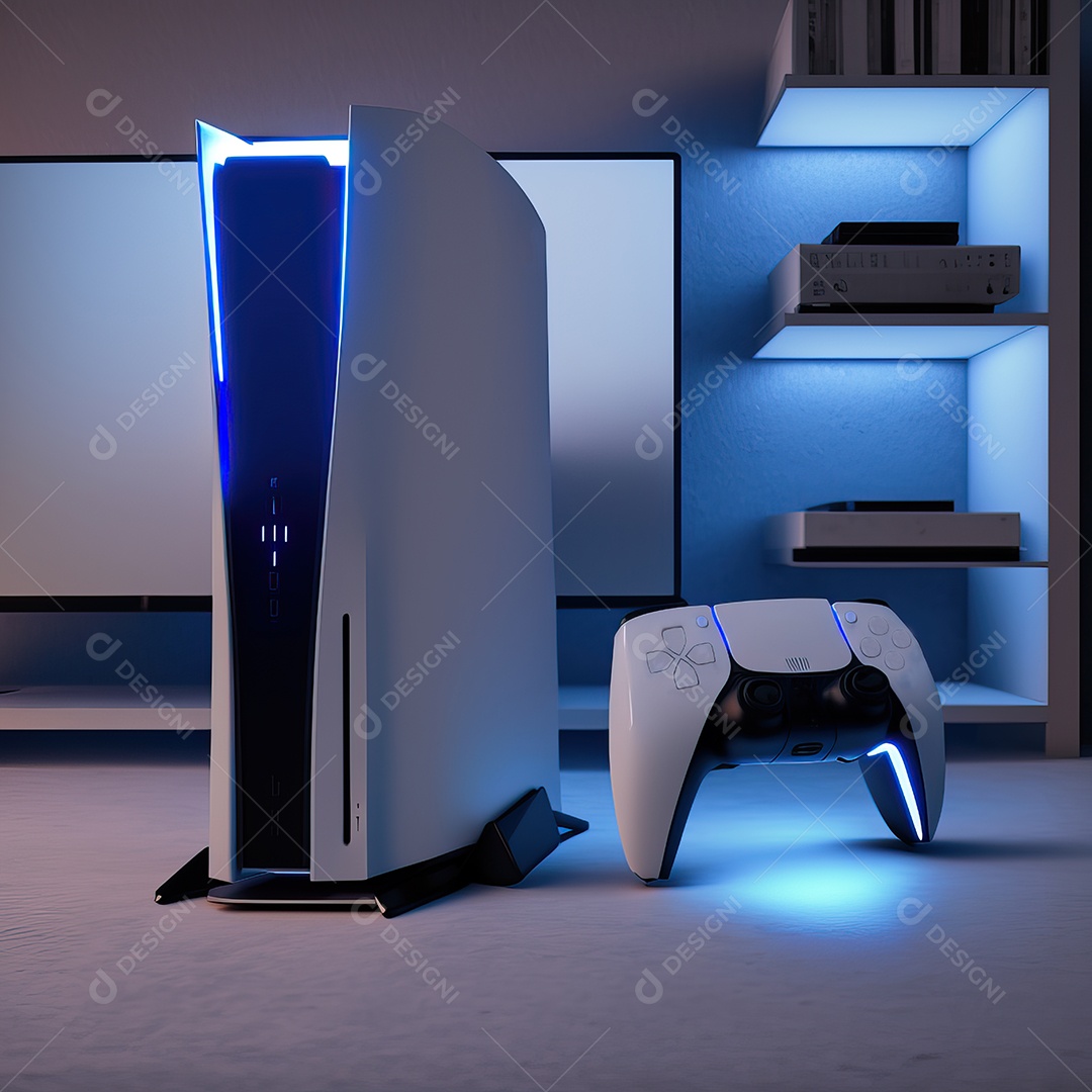 Conceito de jogo futurista de novo console de videogame doméstico e controlador sem fio isolado em fundo multicolorido.