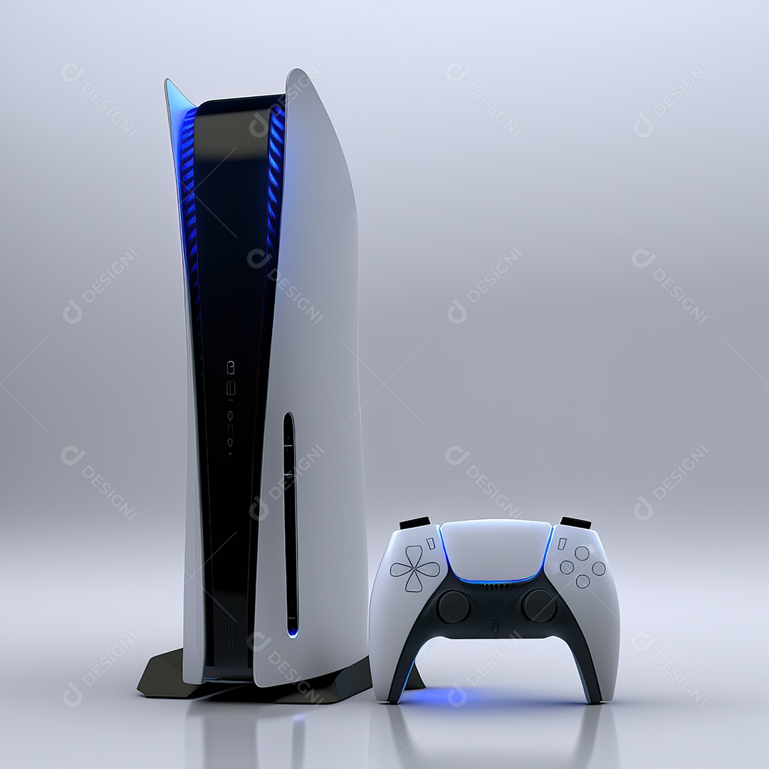 Conceito de jogo futurista de novo console de videogame doméstico e controlador sem fio isolado em fundo multicolorido.