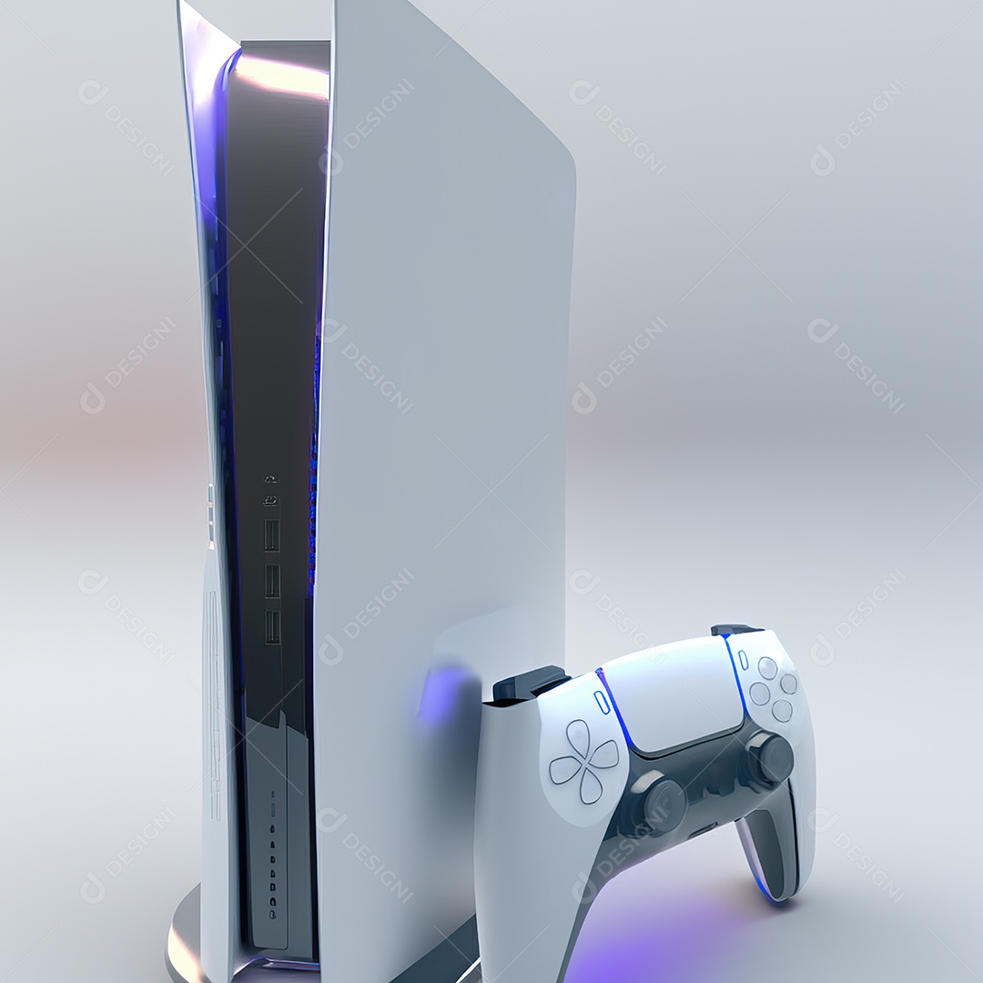 Conceito de jogo futurista de novo console de videogame doméstico e controlador sem fio isolado em fundo multicolorido.