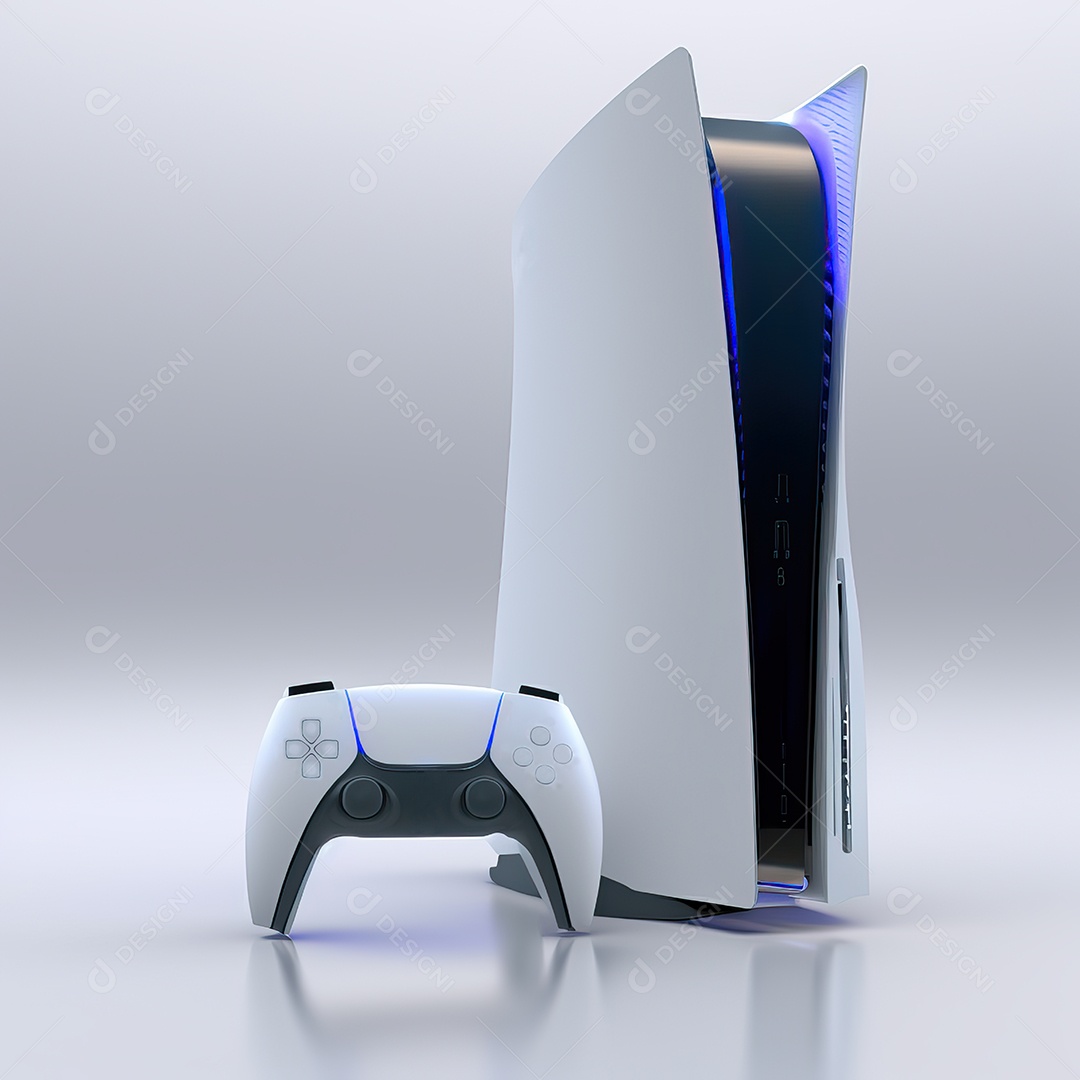 Conceito de jogo futurista de novo console de videogame doméstico e controlador sem fio isolado em fundo multicolorido.