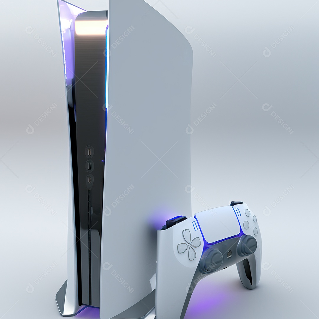 Conceito de jogo futurista de novo console de videogame doméstico e controlador sem fio isolado em fundo multicolorido.