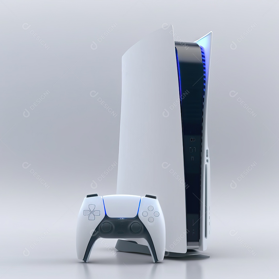 Conceito de jogo futurista de novo console de videogame doméstico e controlador sem fio isolado em fundo multicolorido.