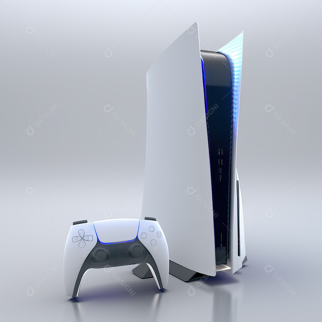 Conceito de jogo futurista de novo console de videogame doméstico e controlador sem fio isolado em fundo multicolorido.