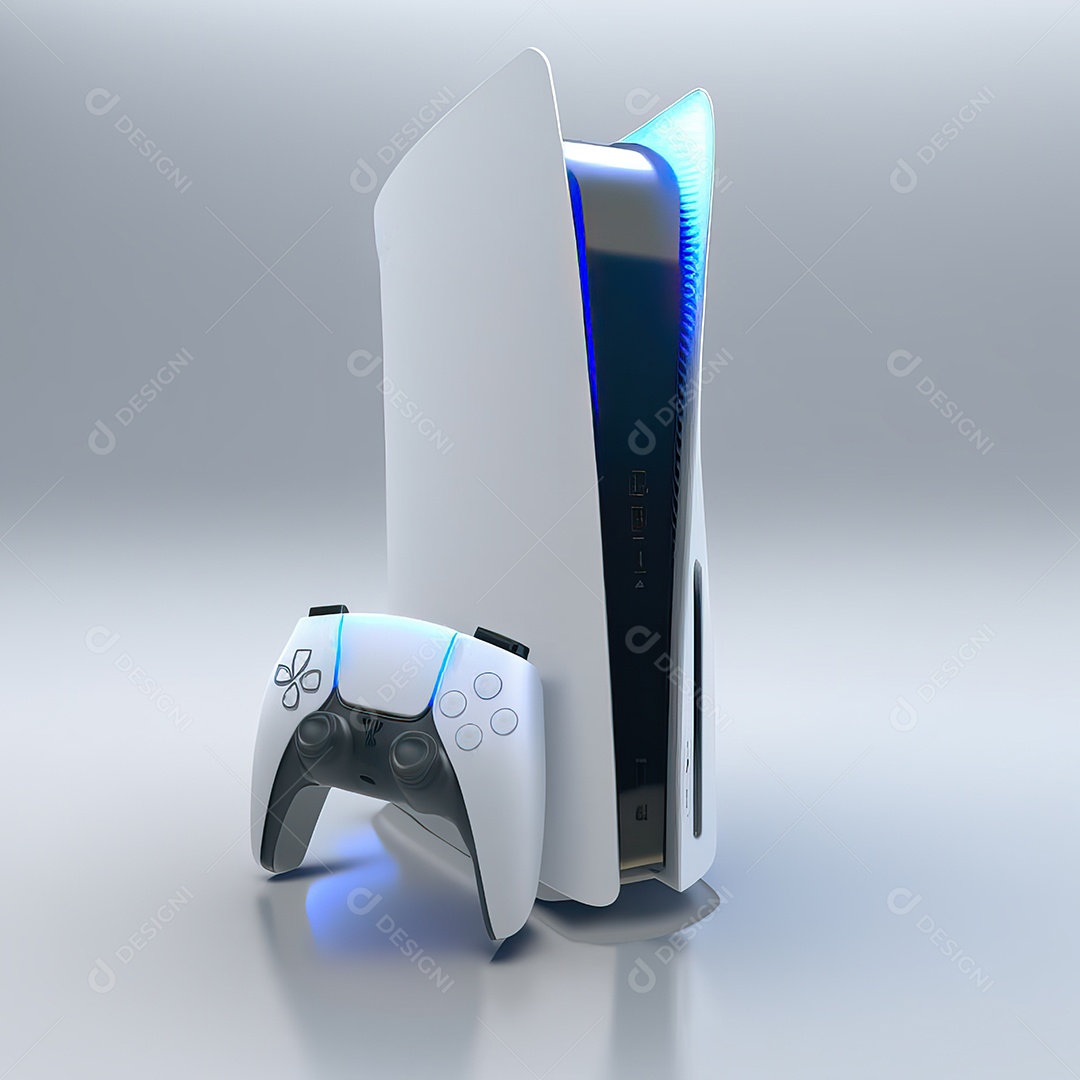 Conceito de jogo futurista de novo console de videogame doméstico e controlador sem fio isolado em fundo multicolorido.