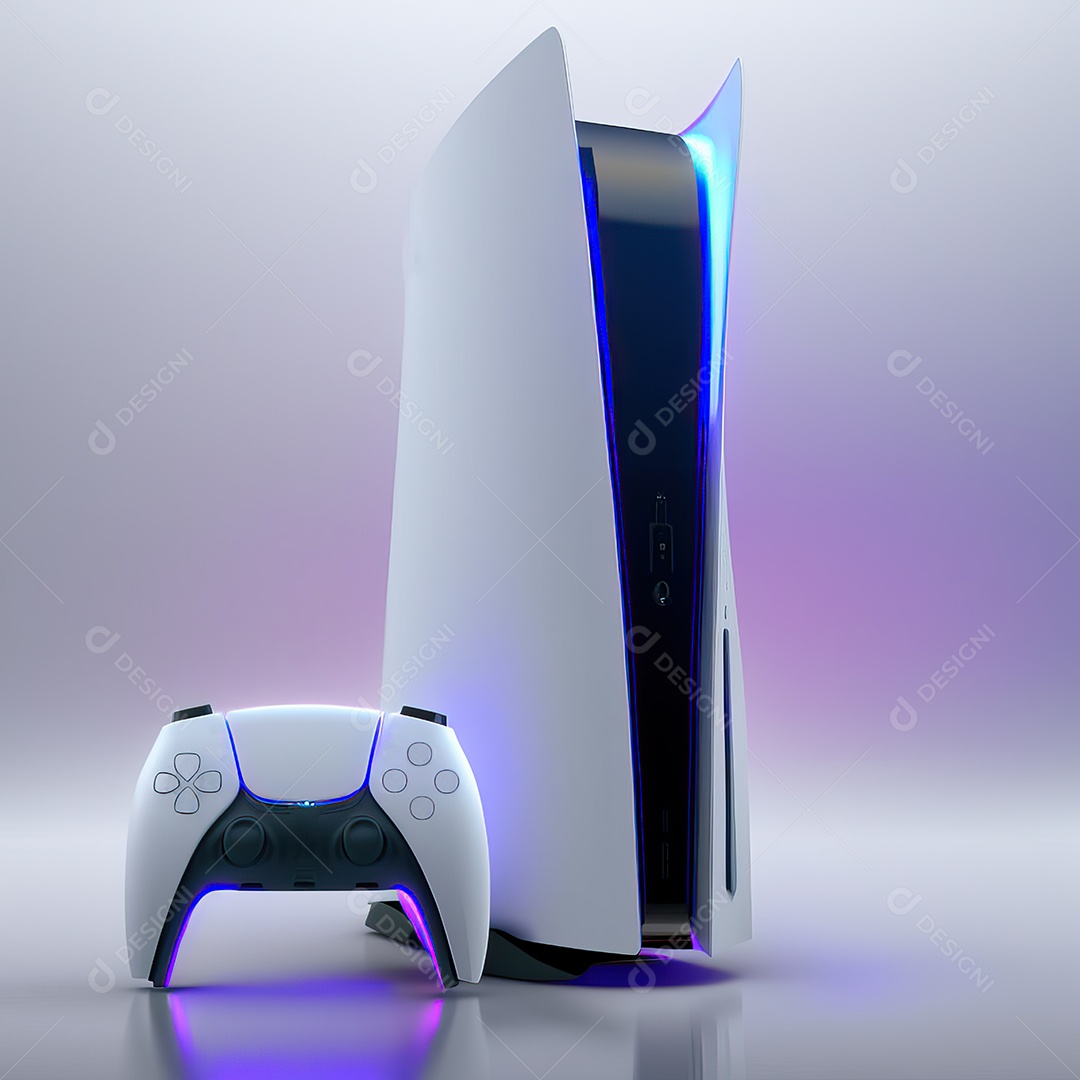 Conceito de jogo futurista de novo console de videogame doméstico e controlador sem fio isolado em fundo multicolorido.