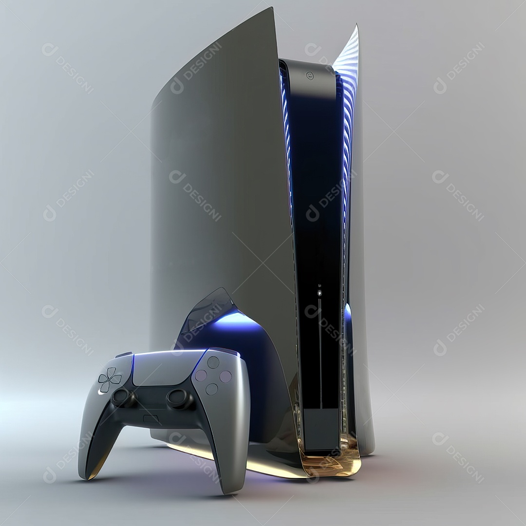 Conceito de jogo futurista de novo console de videogame doméstico e controlador sem fio isolado em fundo multicolorido.