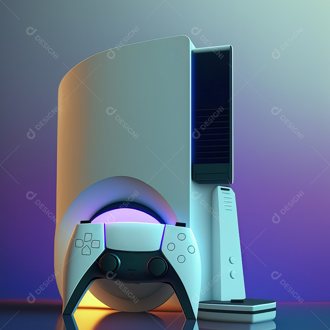 Conceito de jogo futurista de novo console de videogame doméstico e controlador sem fio isolado em fundo multicolorido.