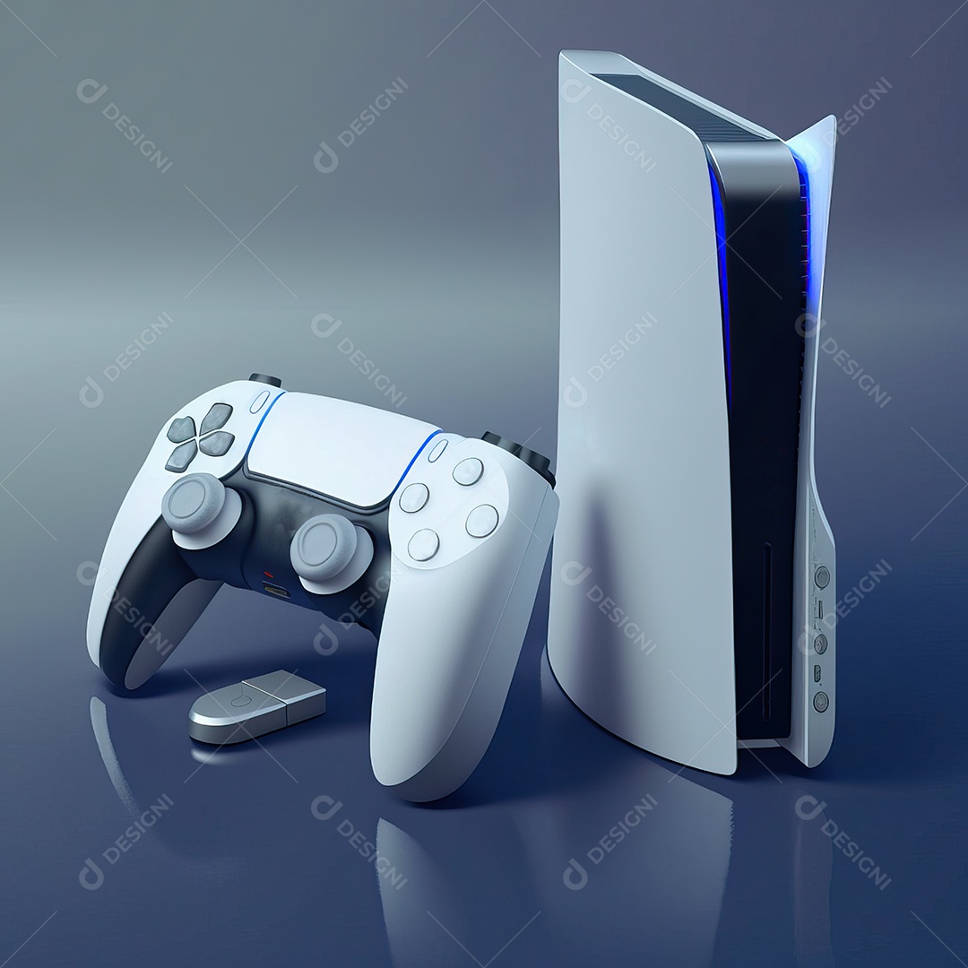 Conceito de jogo futurista de novo console de videogame doméstico e controlador sem fio isolado em fundo multicolorido.