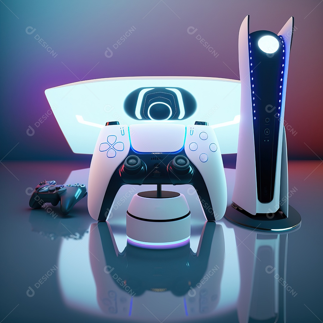 Conceito de jogo futurista de novo console de videogame doméstico e controlador sem fio isolado em fundo multicolorido.