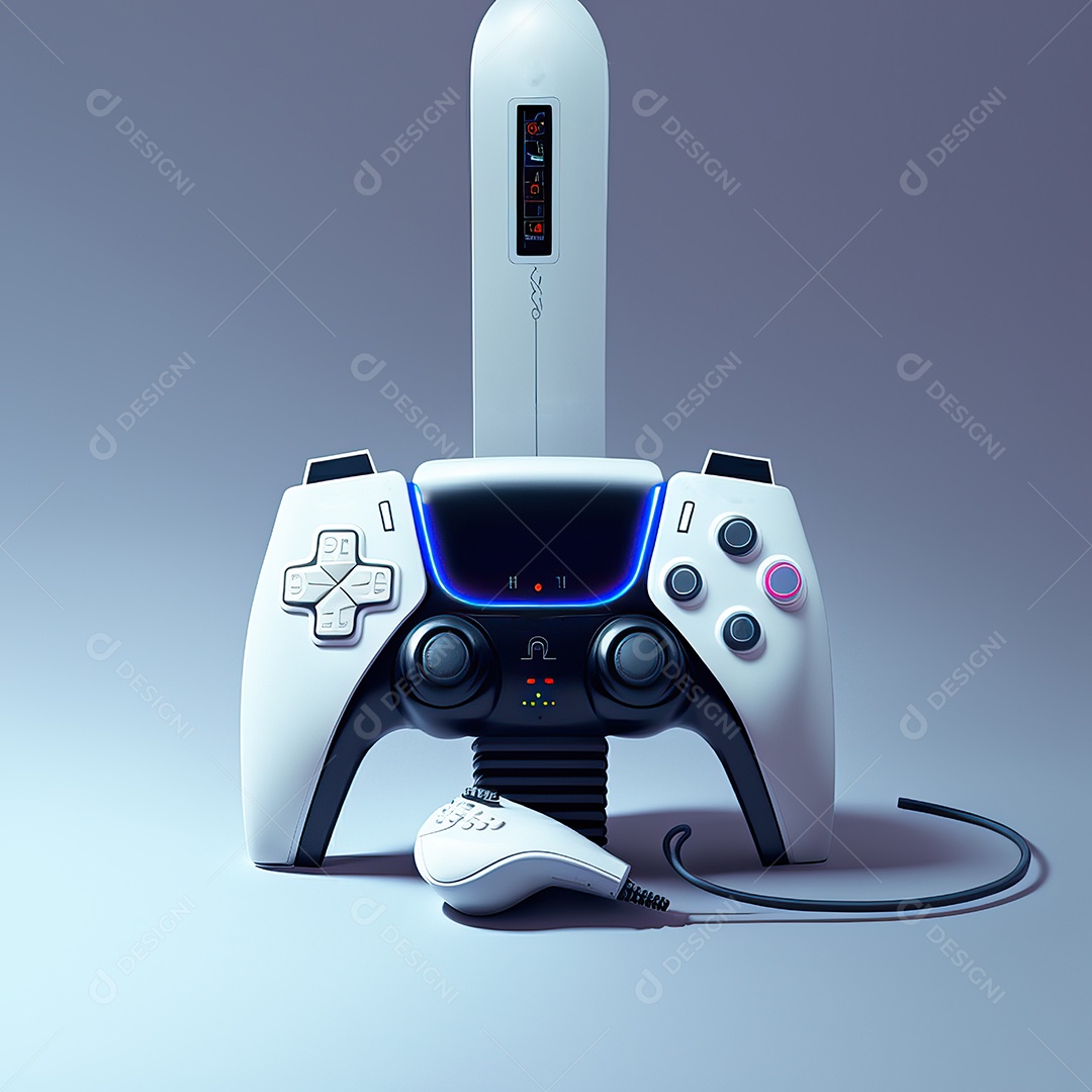 Conceito de jogo futurista de novo console de videogame doméstico e controlador sem fio isolado em fundo multicolorido.