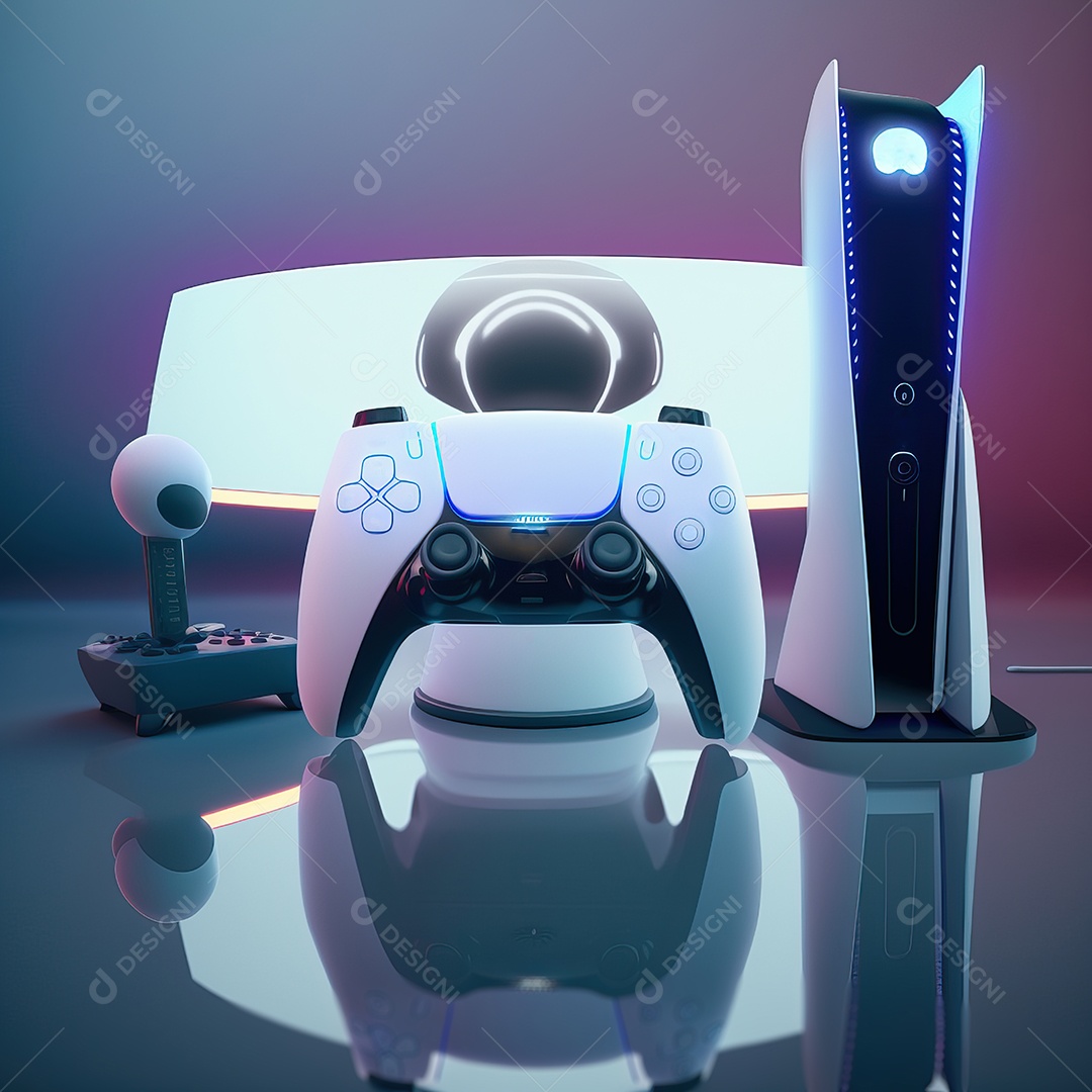 Conceito de jogo futurista de novo console de videogame doméstico e controlador sem fio isolado em fundo multicolorido.