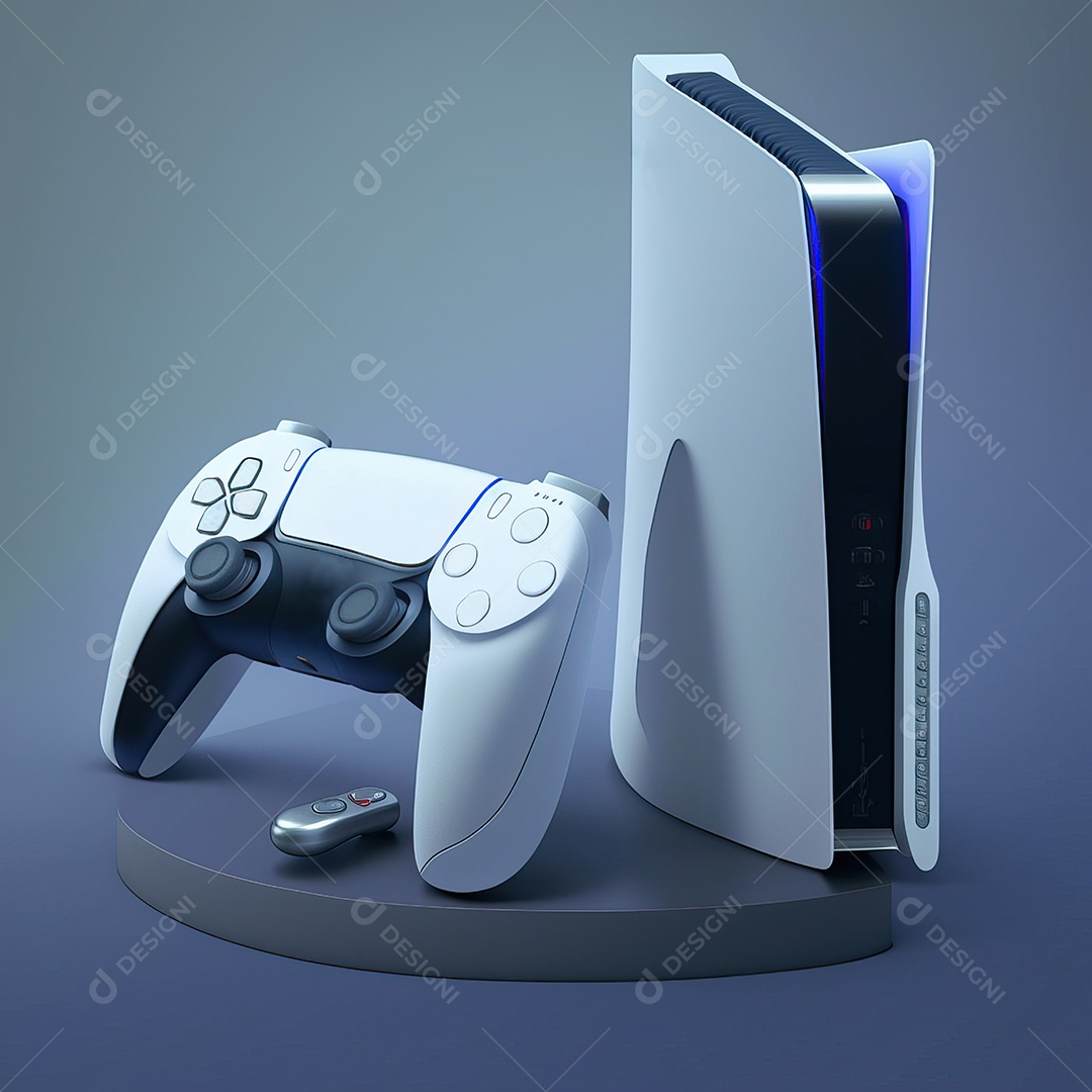 Conceito de jogo futurista de novo console de videogame doméstico e controlador sem fio isolado em fundo multicolorido.