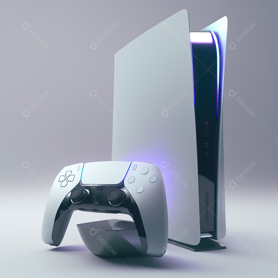 Conceito de jogo futurista de novo console de videogame doméstico e controlador sem fio isolado em fundo multicolorido.