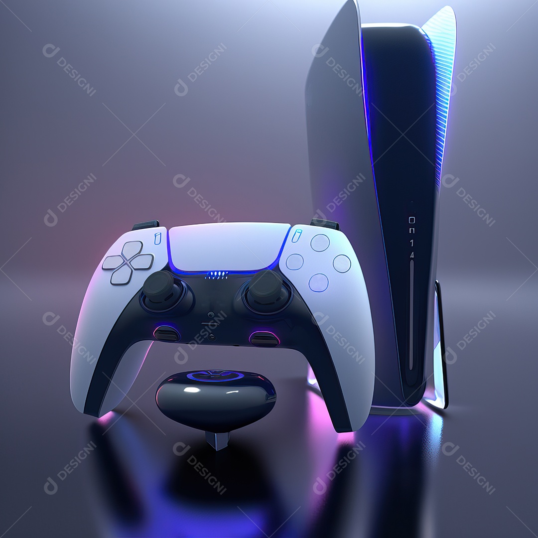 Conceito de jogo futurista de novo console de videogame doméstico e controlador sem fio isolado em fundo multicolorido.